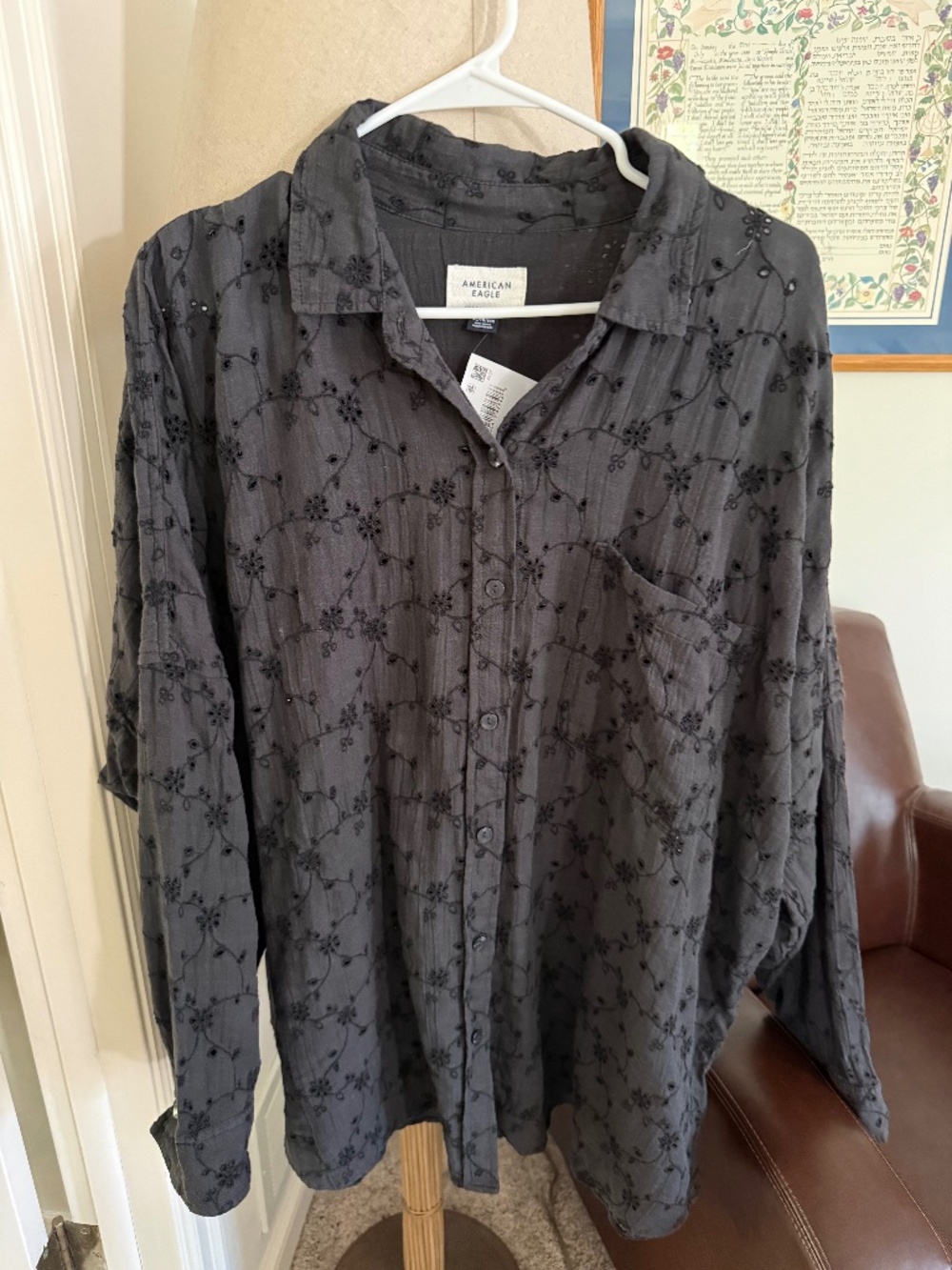 American Eagle Women's embroidered eyelet button-down shirt.